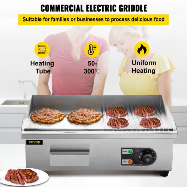 VEVOR Electric Countertop Griddle 14"-22" Teppanyaki Grill 1600W/3200W Stainless Steel Flat Top Grills for Pancake Chicken - Image 2