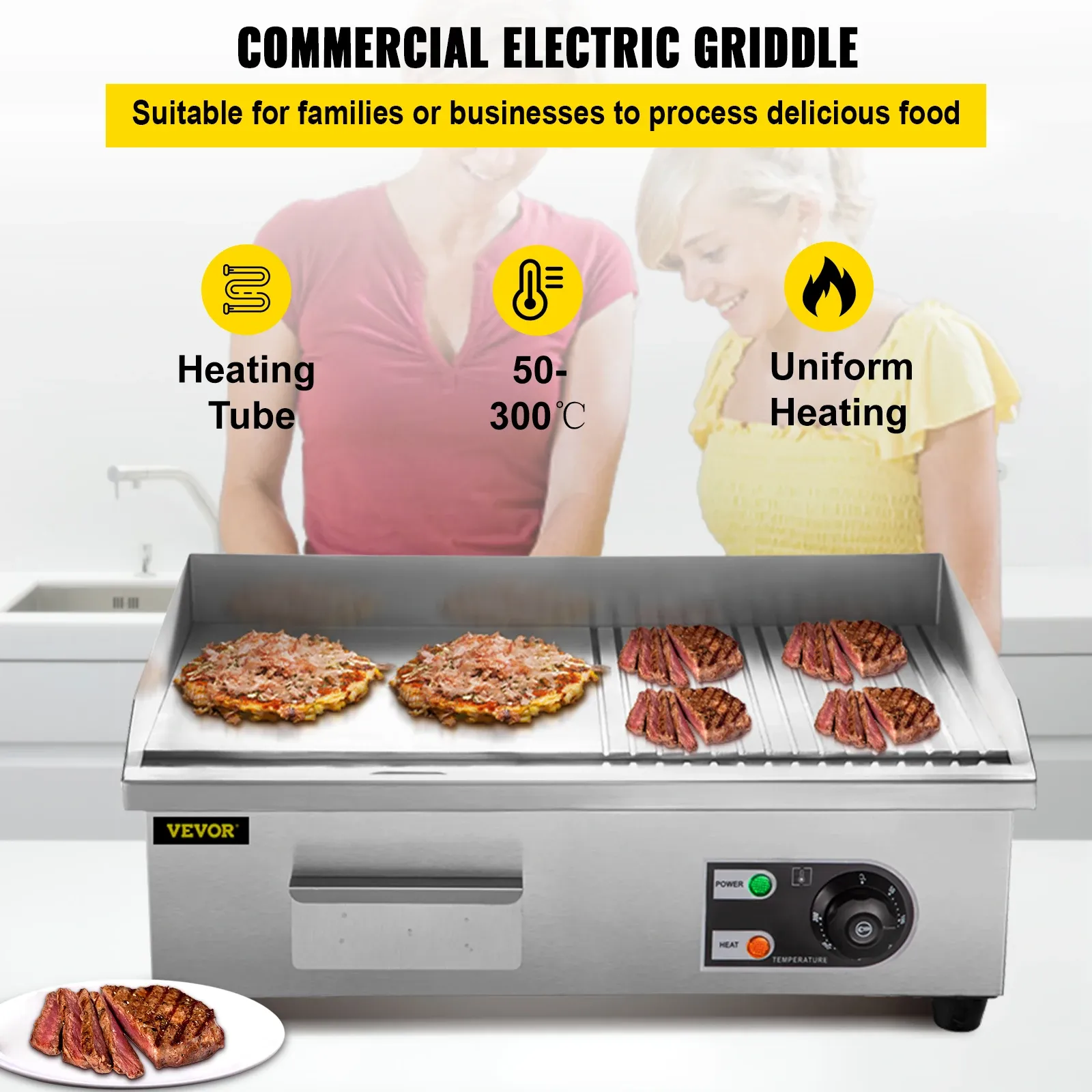 VEVOR Electric Countertop Griddle 14"-22" Teppanyaki Grill 1600W/3200W Stainless Steel Flat Top Grills for Pancake Chicken - Image 2
