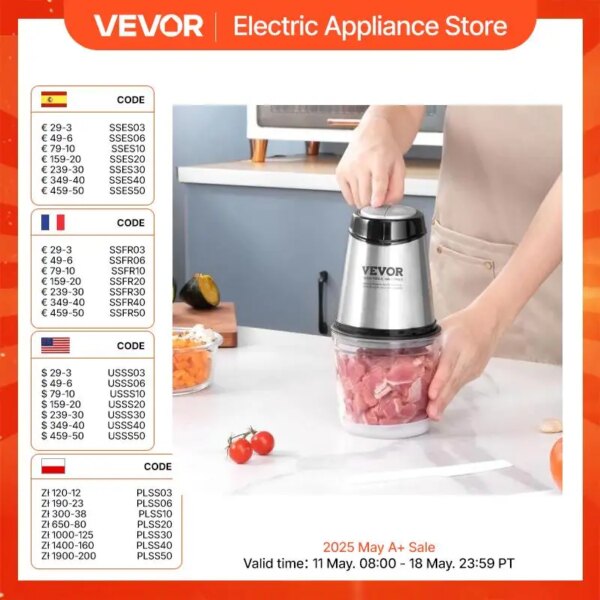 VEVOR Electric Meat Grinder with 4-Wing Stainless Steel Blades2.5 Cup Glass Bowl2 Speeds Food Grinder for Baby Food