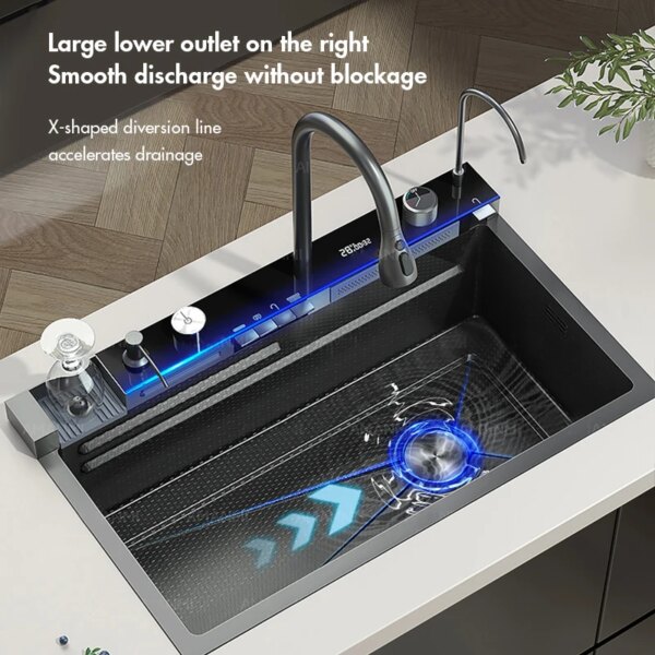 304 Stainless Steel Waterfall Kitchen Sink Large Single Slot Integrated Digital Display Faucet Set Soap Dispenser Cup Washer - Image 2