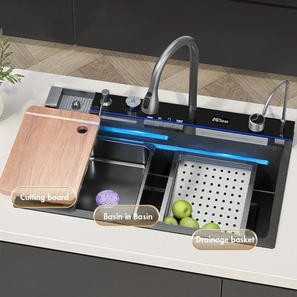 304 Stainless Steel Waterfall Kitchen Sink Large Single Slot Integrated Digital Display Faucet Set Soap Dispenser Cup Washer - Image 5