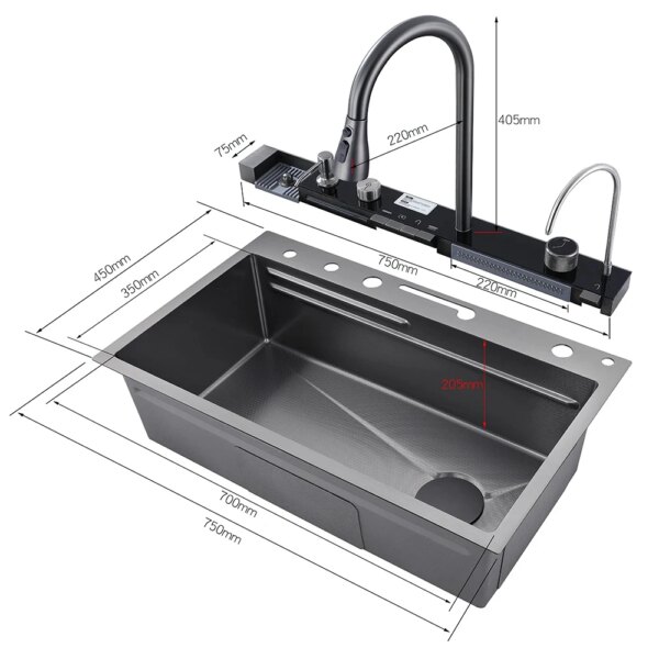 304 Stainless Steel Waterfall Kitchen Sink Large Single Slot Integrated Digital Display Faucet Set Soap Dispenser Cup Washer - Image 6