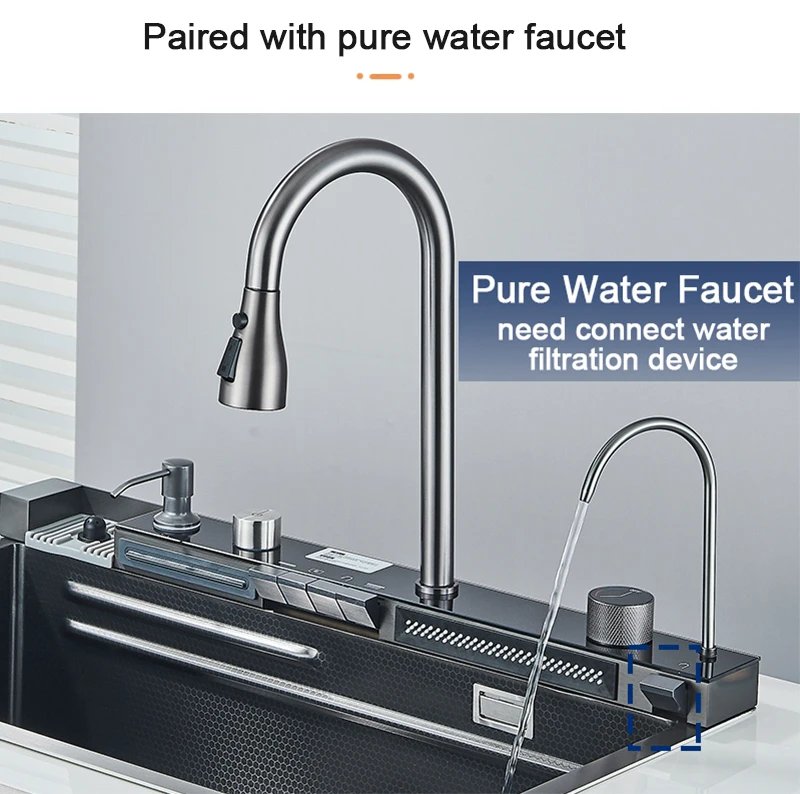 Stainless Steel Kitchen Sink with Faucet Digital Display Large Single Bowl Waterfall Rain 5 Functions System Dish Basin Sink Stainless Steel Kitchen Sink with Faucet Digital Display Large Single Bowl Waterfall Rain 5 Functions System Dish Basin Sink