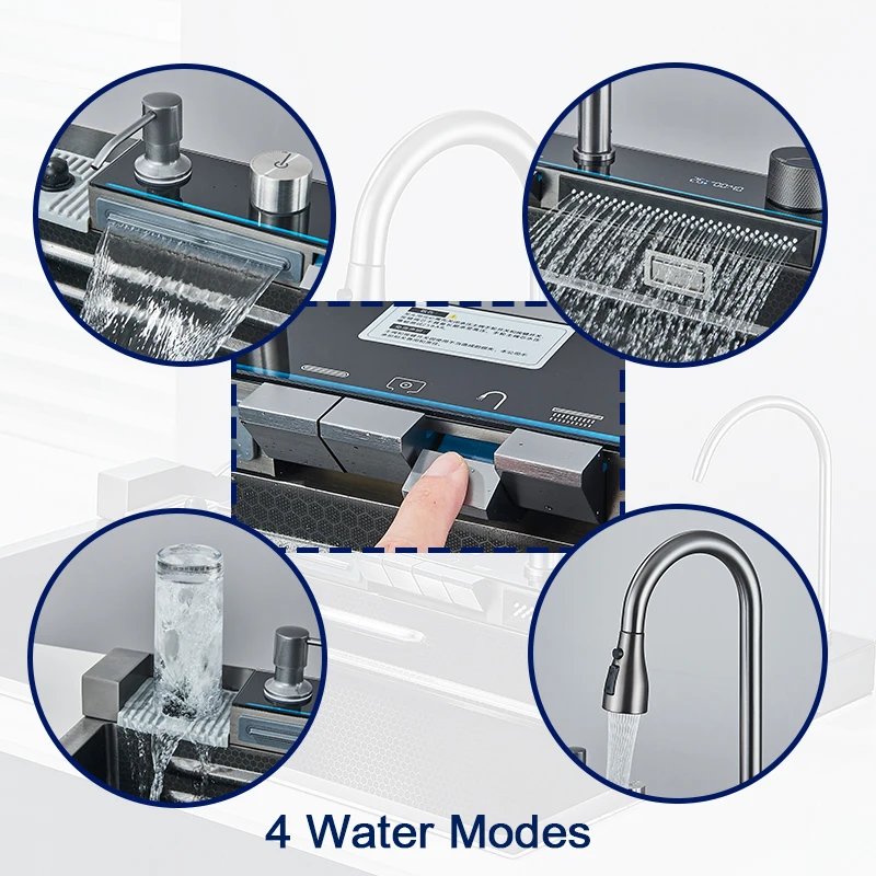 Stainless Steel Kitchen Sink with Faucet Digital Display Large Single Bowl Waterfall Rain 5 Functions System Dish Basin Sink Stainless Steel Kitchen Sink with Faucet Digital Display Large Single Bowl Waterfall Rain 5 Functions System Dish Basin Sink