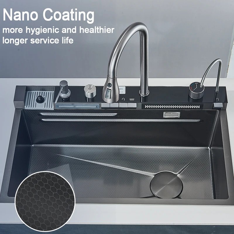 Stainless Steel Kitchen Sink with Faucet Digital Display Large Single Bowl Waterfall Rain 5 Functions System Dish Basin Sink Stainless Steel Kitchen Sink with Faucet Digital Display Large Single Bowl Waterfall Rain 5 Functions System Dish Basin Sink