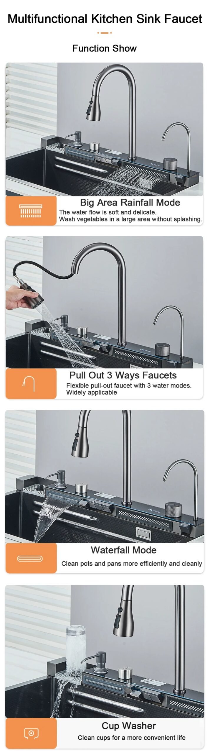 Stainless Steel Kitchen Sink with Faucet Digital Display Large Single Bowl Waterfall Rain 5 Functions System Dish Basin Sink Stainless Steel Kitchen Sink with Faucet Digital Display Large Single Bowl Waterfall Rain 5 Functions System Dish Basin Sink