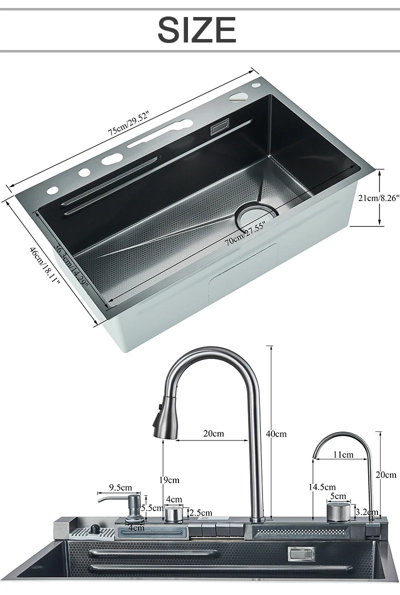 Stainless Steel Kitchen Sink with Faucet Digital Display Large Single Bowl Waterfall Rain 5 Functions System Dish Basin Sink Stainless Steel Kitchen Sink with Faucet Digital Display Large Single Bowl Waterfall Rain 5 Functions System Dish Basin Sink
