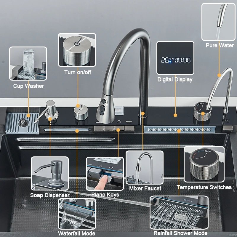 Stainless Steel Kitchen Sink with Faucet Digital Display Large Single Bowl Waterfall Rain 5 Functions System Dish Basin Sink Stainless Steel Kitchen Sink with Faucet Digital Display Large Single Bowl Waterfall Rain 5 Functions System Dish Basin Sink