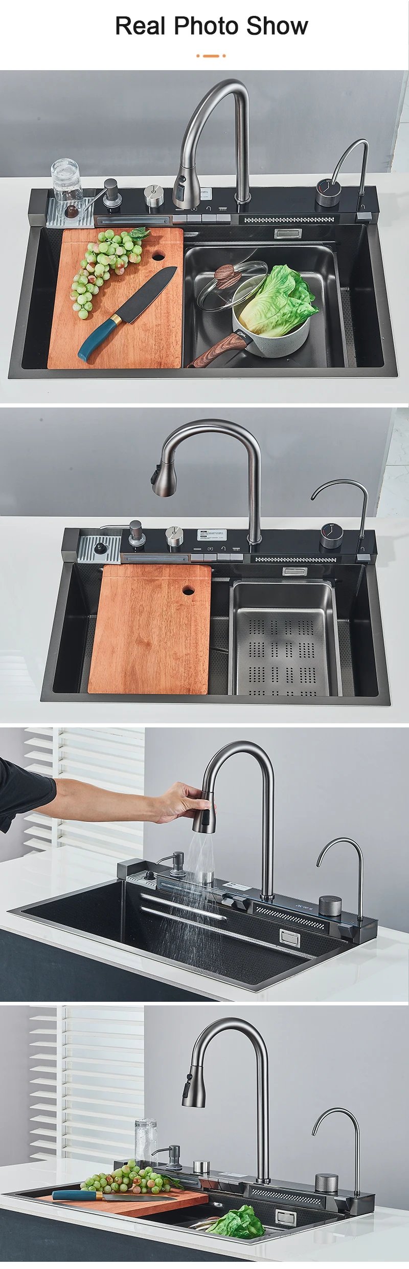 Stainless Steel Kitchen Sink with Faucet Digital Display Large Single Bowl Waterfall Rain 5 Functions System Dish Basin Sink Stainless Steel Kitchen Sink with Faucet Digital Display Large Single Bowl Waterfall Rain 5 Functions System Dish Basin Sink