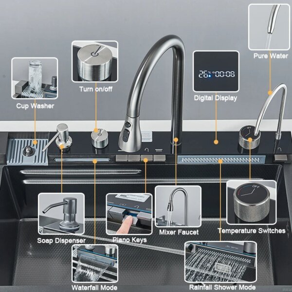Stainless Steel Kitchen Sink with Faucet Digital Display Large Single Bowl Waterfall Rain 5 Functions System Dish Basin Sink - Image 6