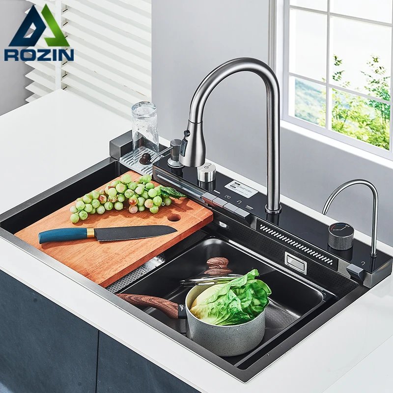 Stainless Steel Kitchen Sink with Faucet Digital Display Large Single Bowl Waterfall Rain 5 Functions System Dish Basin Sink Stainless Steel Kitchen Sink with Faucet Digital Display Large Single Bowl Waterfall Rain 5 Functions System Dish Basin Sink