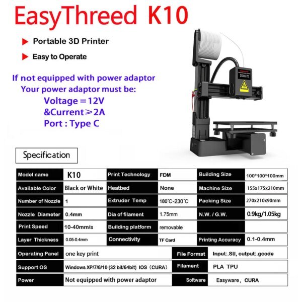 EasyThreed 3D Printer  Entry Level  Compatible with PLA TPU 1.75mm Filament  include Power Adaptor. - Image 3