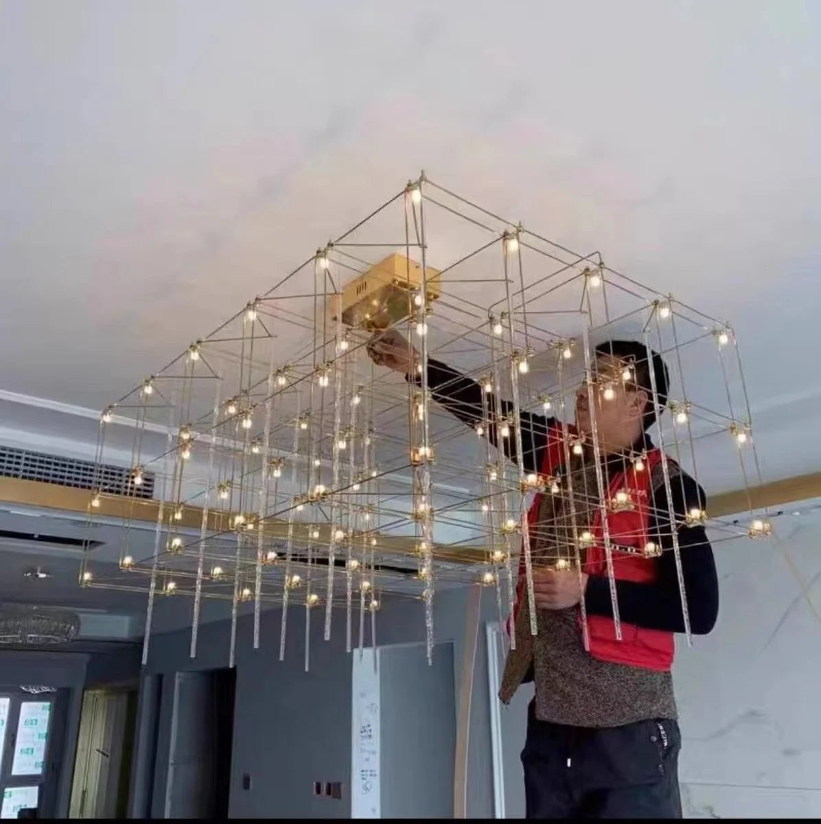 Rectangular Rubik's Cube LED Chandelier On The Third Floor Of The Hotel Lobby Decoration Project Fixed Geometric Stereo Lighting Rectangular Rubik's Cube LED Chandelier On The Third Floor Of The Hotel Lobby Decoration Project Fixed Geometric Stereo Lighting