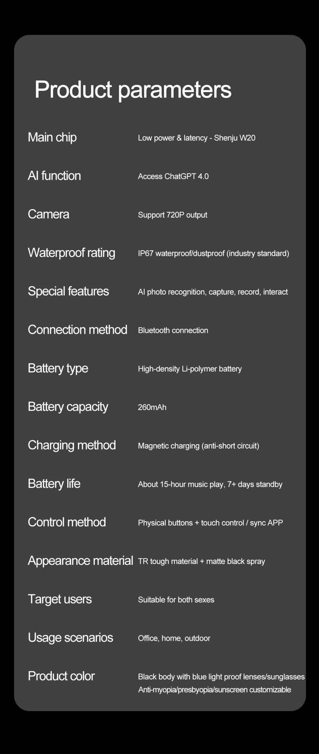 Smart Glasses Recording Videos AI Photo Recognition Answer Translation 260mAh Large Battery IP65 Waterproof Bluetooth Glasses Smart Glasses Recording Videos AI Photo Recognition Answer Translation 260mAh Large Battery IP65 Waterproof Bluetooth Glasses