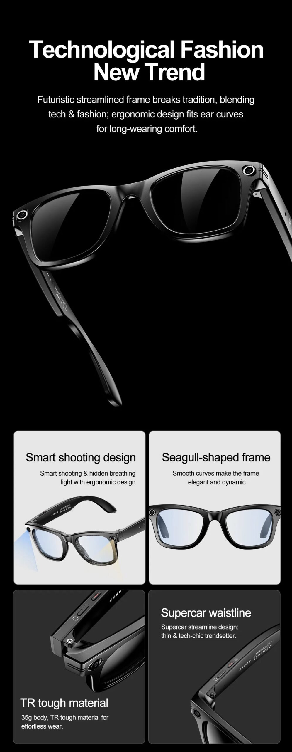 Smart Glasses Recording Videos AI Photo Recognition Answer Translation 260mAh Large Battery IP65 Waterproof Bluetooth Glasses Smart Glasses Recording Videos AI Photo Recognition Answer Translation 260mAh Large Battery IP65 Waterproof Bluetooth Glasses