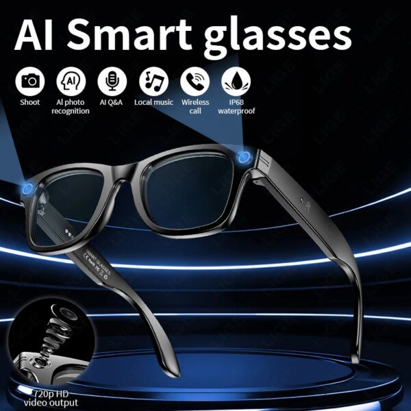 Smart Glasses Recording Videos AI Photo Recognition Answer Translation 260mAh Large Battery IP65 Waterproof Bluetooth Glasses