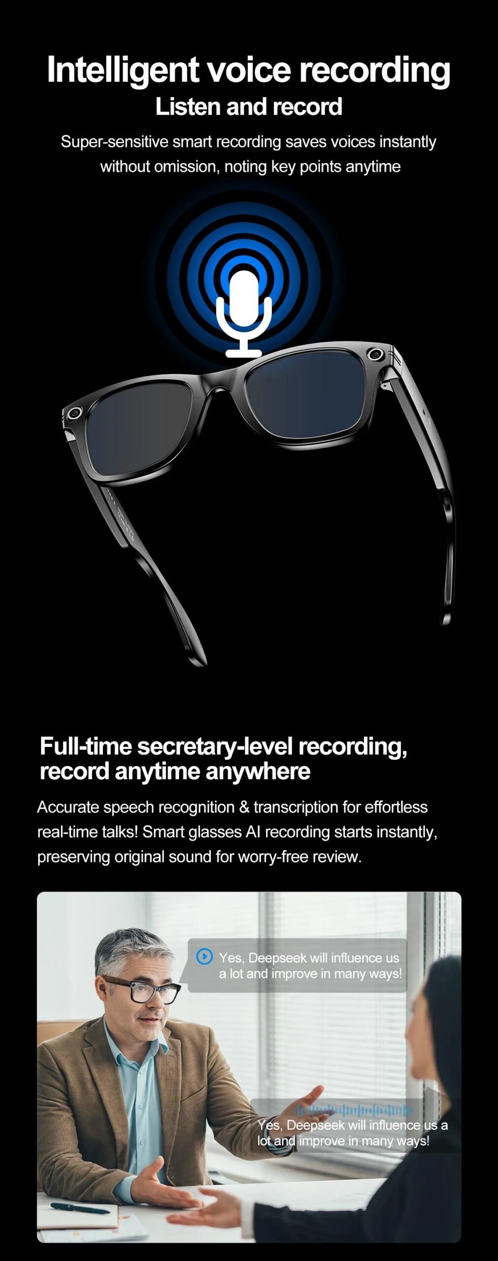 Smart Glasses Recording Videos AI Photo Recognition Answer Translation 260mAh Large Battery IP65 Waterproof Bluetooth Glasses Smart Glasses Recording Videos AI Photo Recognition Answer Translation 260mAh Large Battery IP65 Waterproof Bluetooth Glasses