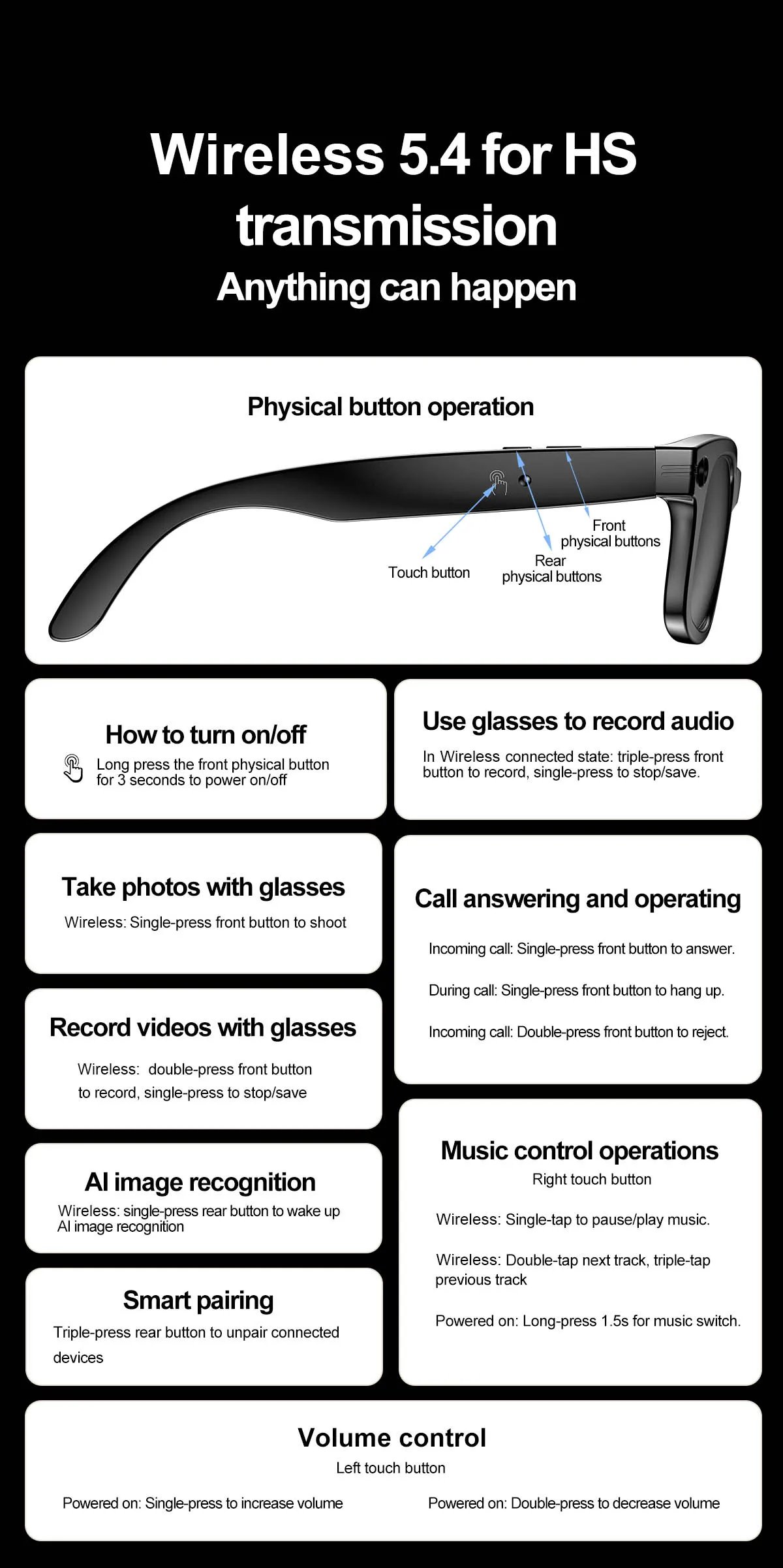 Smart Glasses Recording Videos AI Photo Recognition Answer Translation 260mAh Large Battery IP65 Waterproof Bluetooth Glasses Smart Glasses Recording Videos AI Photo Recognition Answer Translation 260mAh Large Battery IP65 Waterproof Bluetooth Glasses