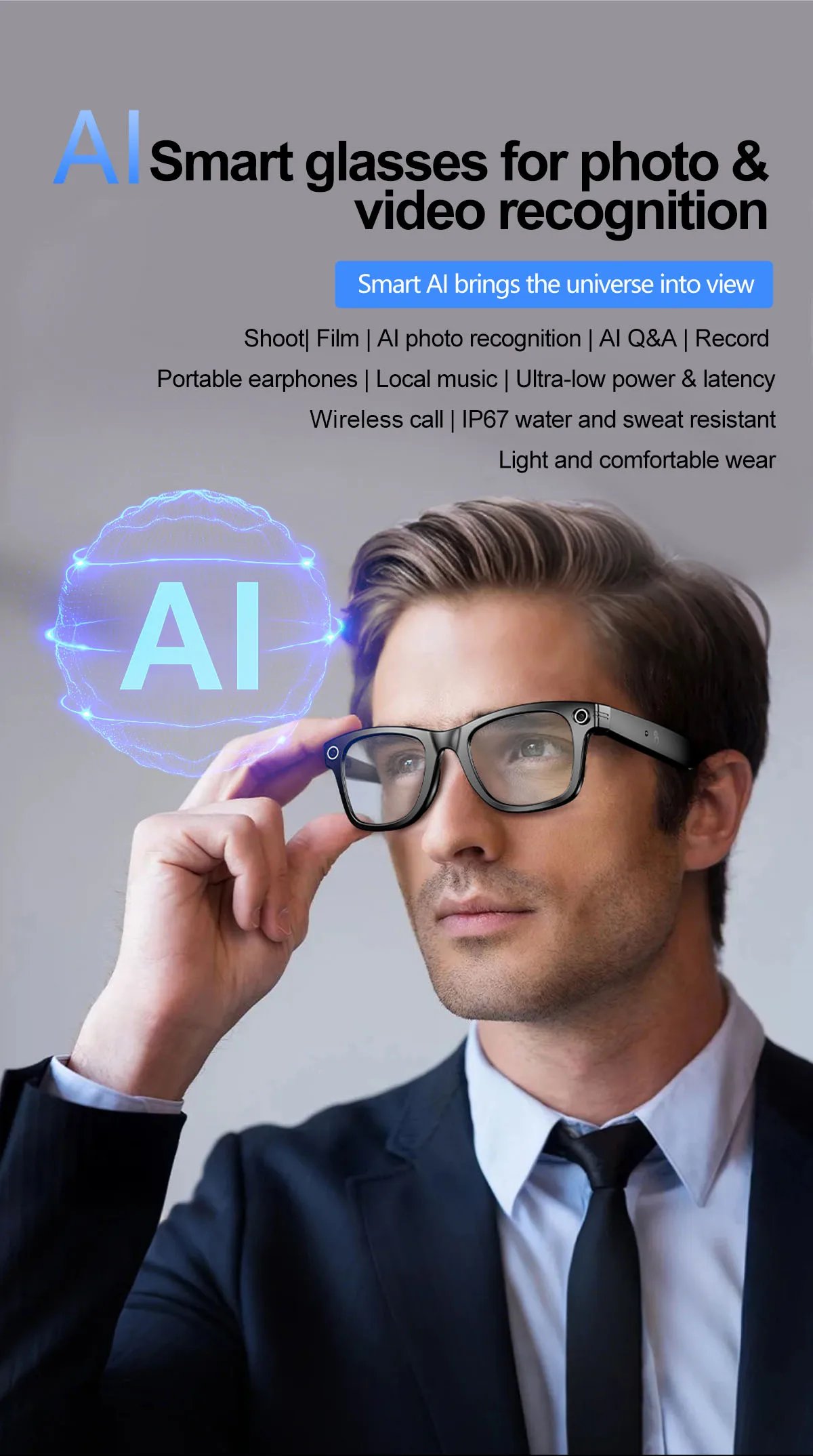 Smart Glasses Recording Videos AI Photo Recognition Answer Translation 260mAh Large Battery IP65 Waterproof Bluetooth Glasses Smart Glasses Recording Videos AI Photo Recognition Answer Translation 260mAh Large Battery IP65 Waterproof Bluetooth Glasses