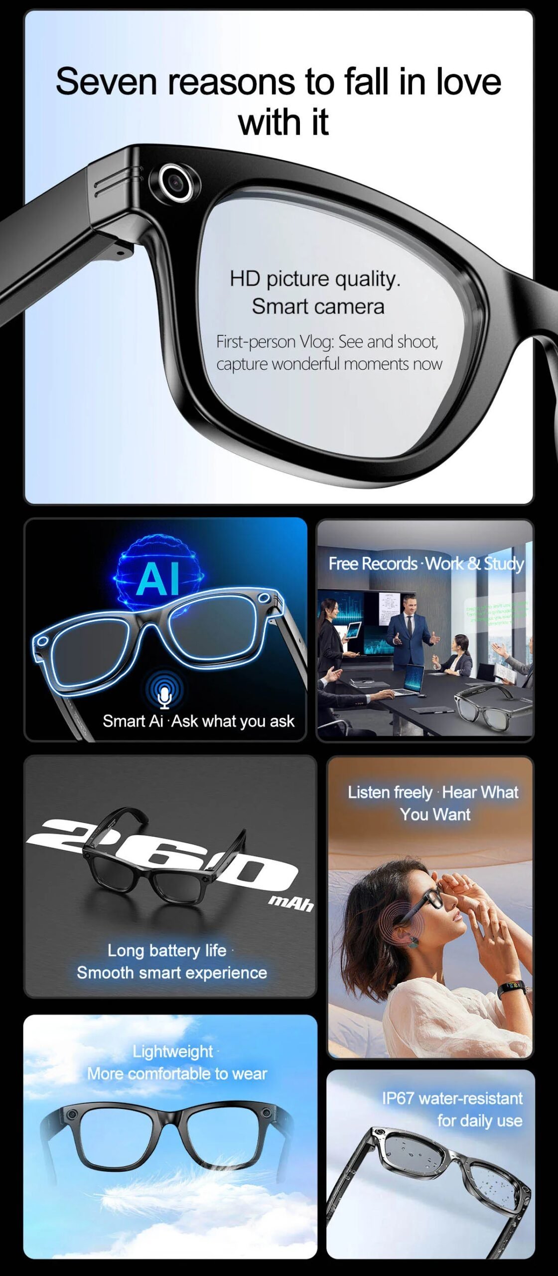 Smart Glasses Recording Videos AI Photo Recognition Answer Translation 260mAh Large Battery IP65 Waterproof Bluetooth Glasses Smart Glasses Recording Videos AI Photo Recognition Answer Translation 260mAh Large Battery IP65 Waterproof Bluetooth Glasses