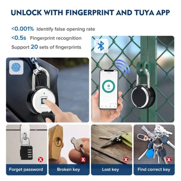 Tuya Smart Padlock Biometric Fingerprint Lock Waterproof Electronic Locks Smart Life APP Keyless Unlock Home Security Protection - Image 3