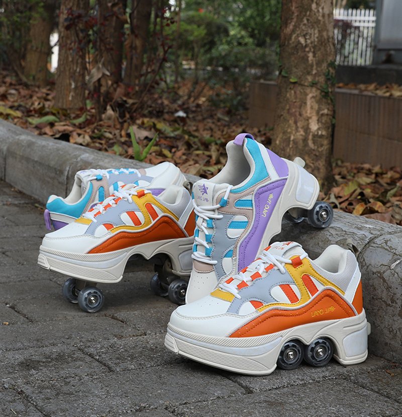 Size 40 41 Deformation Roller Skates Shoes Double Row 4-Wheel Skates Roller Shoes Dual-Purpose Roller Sneakers Wheels Shoes
