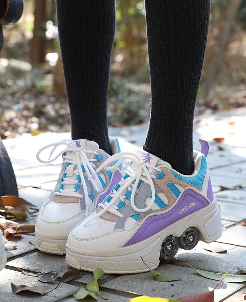 Size 40 41 Deformation Roller Skates Shoes Double Row 4-Wheel Skates Roller Shoes Dual-Purpose Roller Sneakers Wheels Shoes