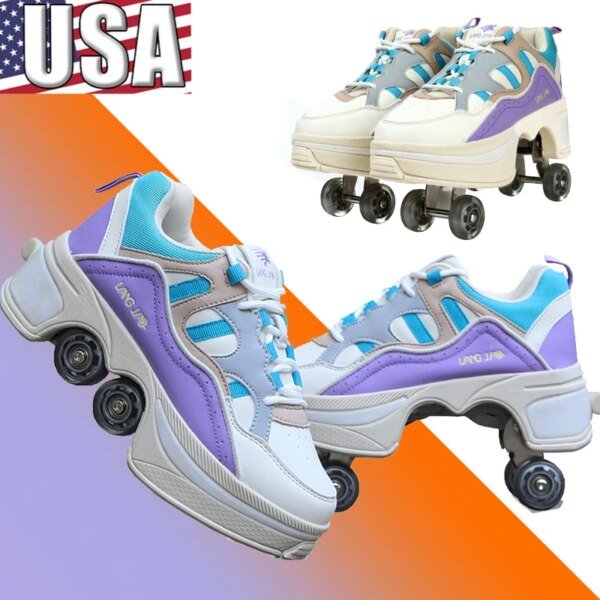 Size 40 41 Deformation Roller Skates Shoes Double Row 4-Wheel Skates Roller Shoes Dual-Purpose Roller Sneakers Wheels Shoes