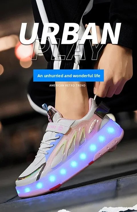 Children's LED luminous roller skates 4-wheel running parkour deformation skates boys and girls detachable casual shoes Children's LED luminous roller skates 4-wheel running parkour deformation skates boys and girls detachable casual shoes