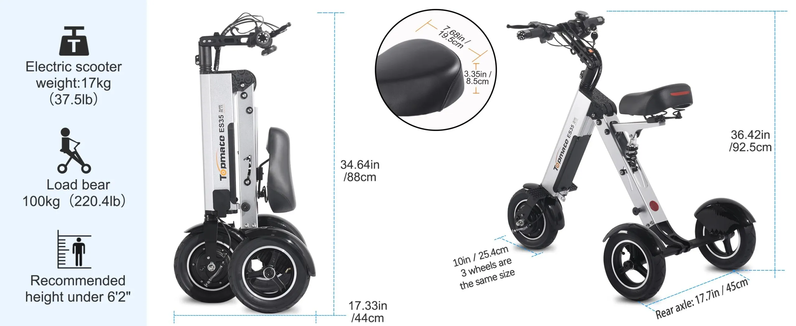 TpMate ES35 Lightweight Foldable Electric Scooter 3 wheel Mobility Trike for Adults with Removable Battery 15Mph