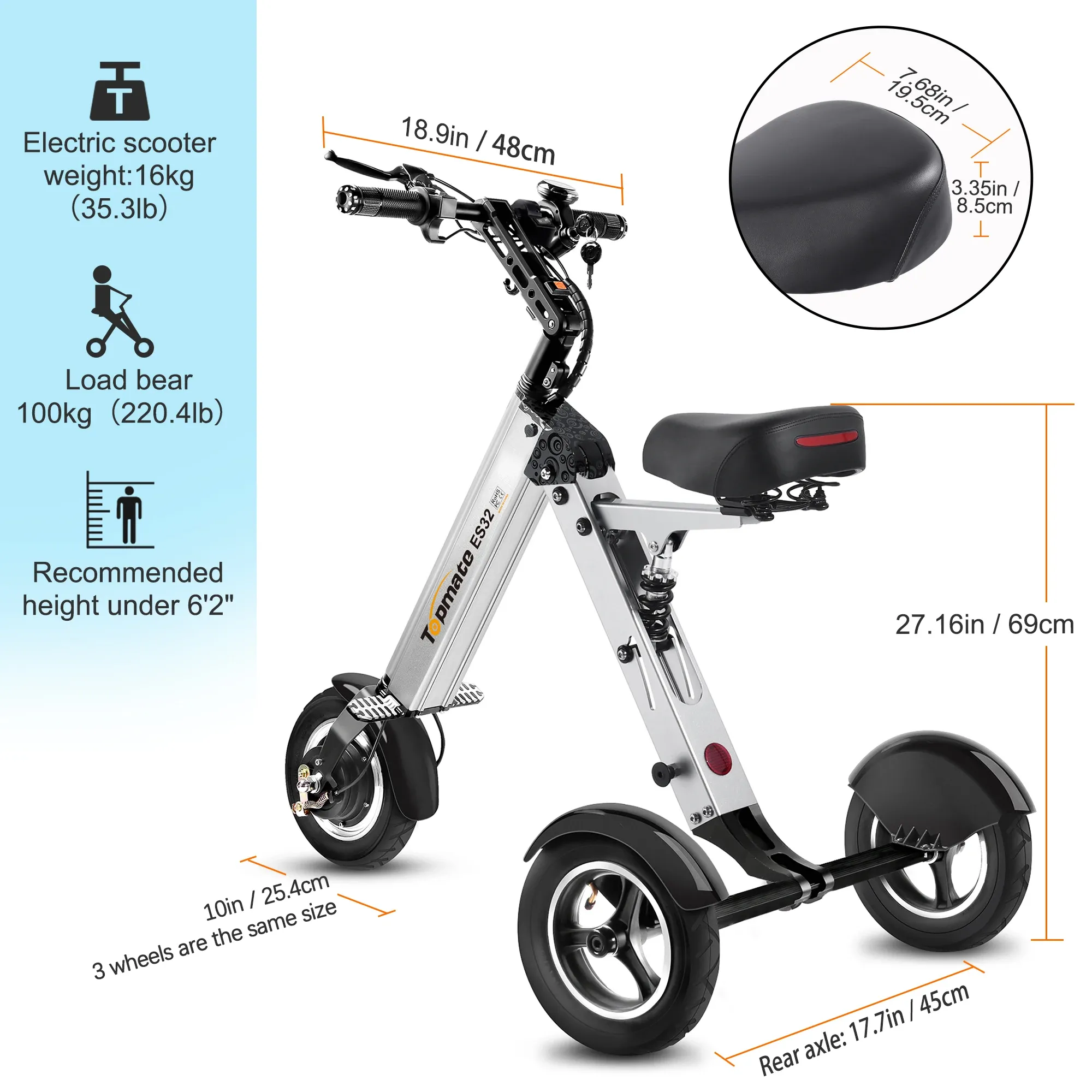 TopMate ES32 Electric Scooter 3 Wheels Foldable Trike with Seat for Adults, Light Weight Mobility with Reverse Function and Key - Image 2