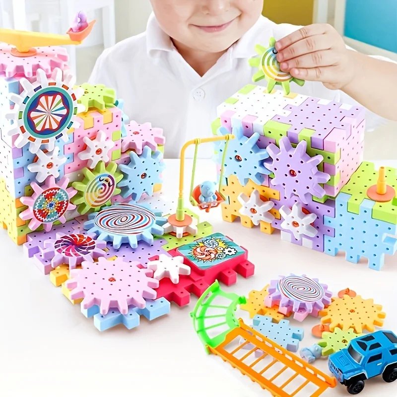 Gear Rail Car Kids Electric Gear Building Toy Set Motorized Spinning Gears Big Building Blocks STEM Construction Toy Set Gifts
