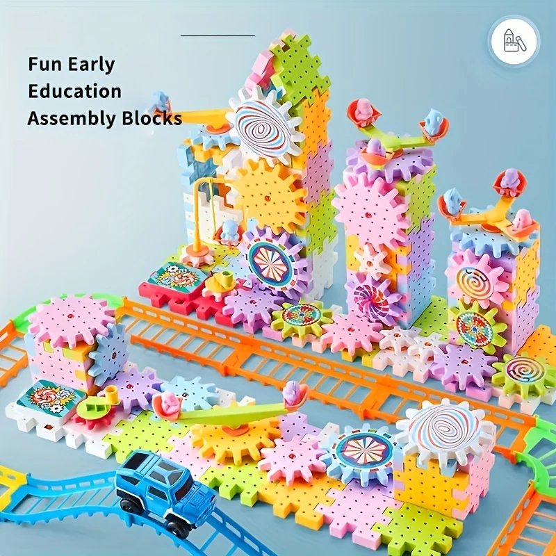 Gear Rail Car Kids Electric Gear Building Toy Set Motorized Spinning Gears Big Building Blocks STEM Construction Toy Set Gifts