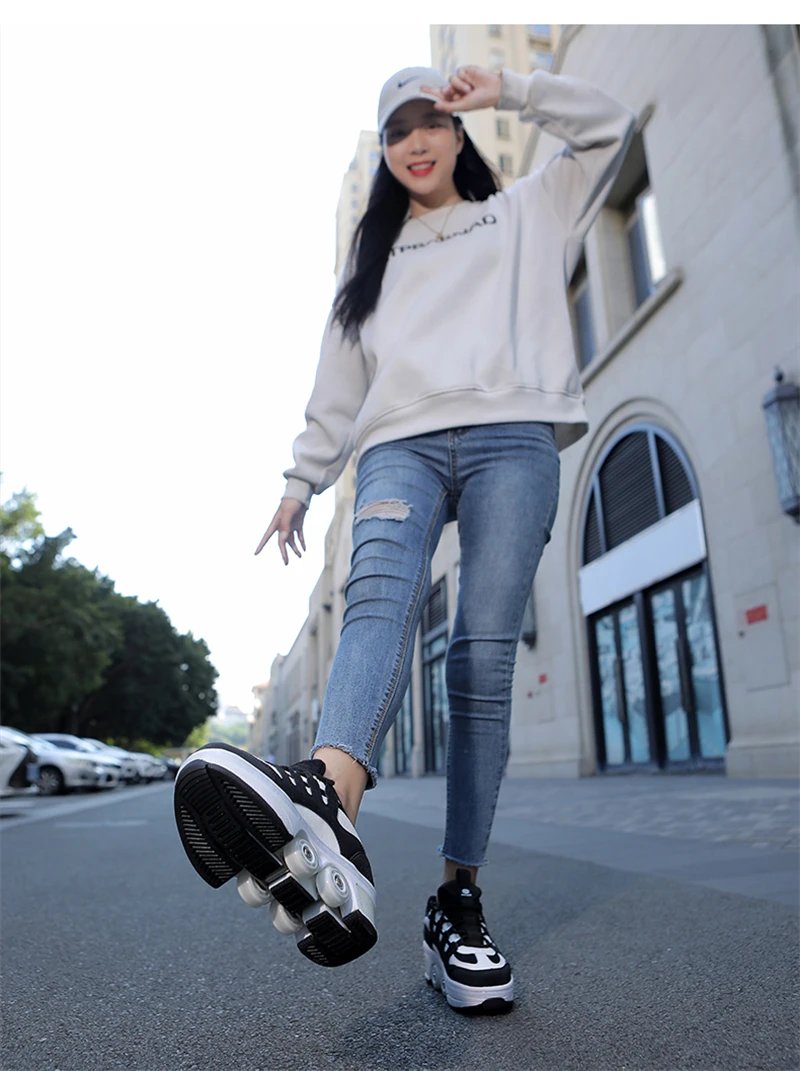Deformation Parkour Shoes, Kids Adults Unisex Roller Skating Shoes, 4 Wheels Roller Skates, Street Urban Fitness Skating Shoes