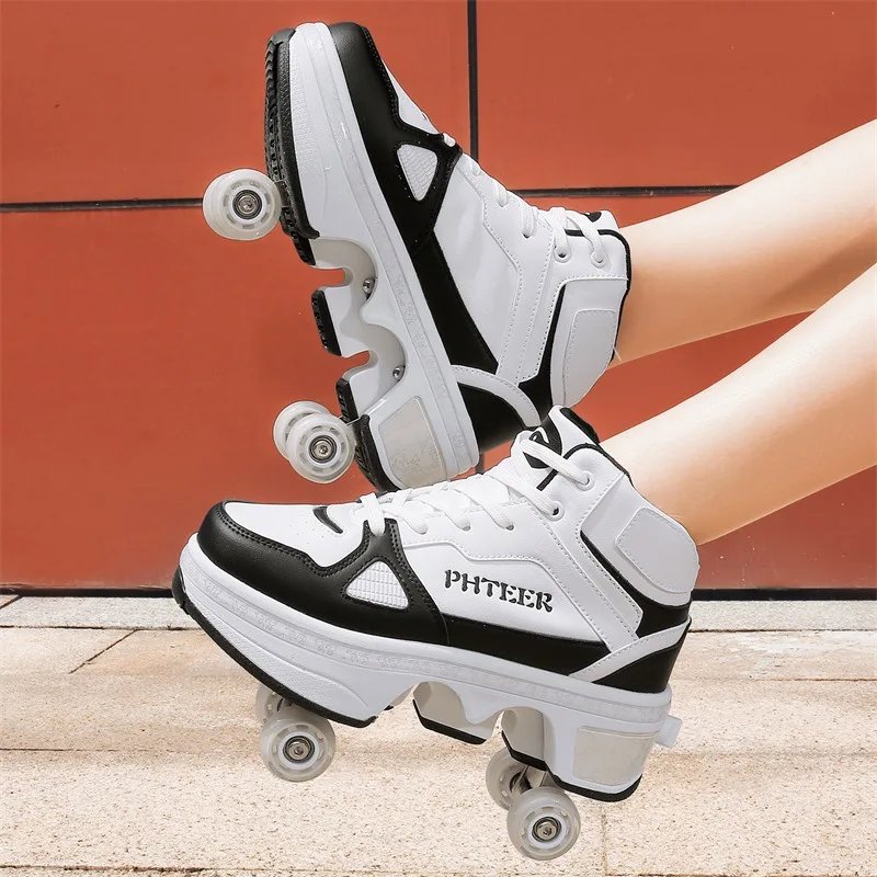 Deformation Parkour Shoes, Kids Adults Unisex Roller Skating Shoes, 4 Wheels Roller Skates, Street Urban Fitness Skating Shoes
