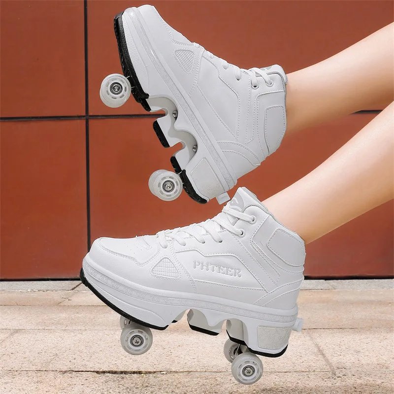 Deformation Parkour Shoes, Kids Adults Unisex Roller Skating Shoes, 4 Wheels Roller Skates, Street Urban Fitness Skating Shoes