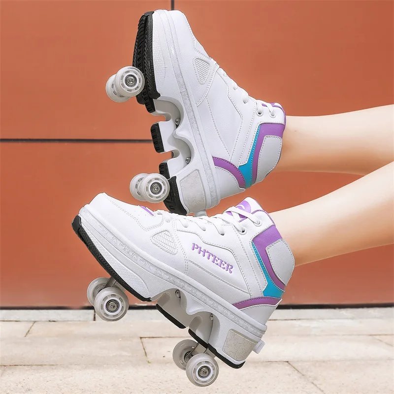 Deformation Parkour Shoes, Kids Adults Unisex Roller Skating Shoes, 4 Wheels Roller Skates, Street Urban Fitness Skating Shoes
