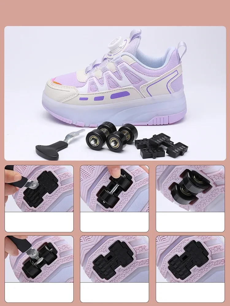 Children Four Wheels Luminous Glowing Sneakers Black Pink Led Light Roller Skate Shoes Kids Led Shoes Boys Girls USB Charging