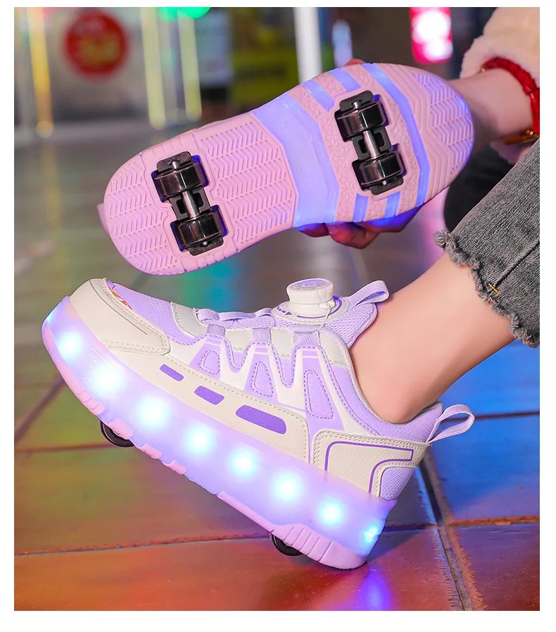 Children Four Wheels Luminous Glowing Sneakers Black Pink Led Light Roller Skate Shoes Kids Led Shoes Boys Girls USB Charging