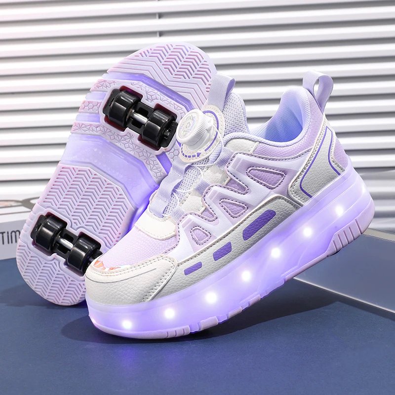 Children Four Wheels Luminous Glowing Sneakers Black Pink Led Light Roller Skate Shoes Kids Led Shoes Boys Girls USB Charging