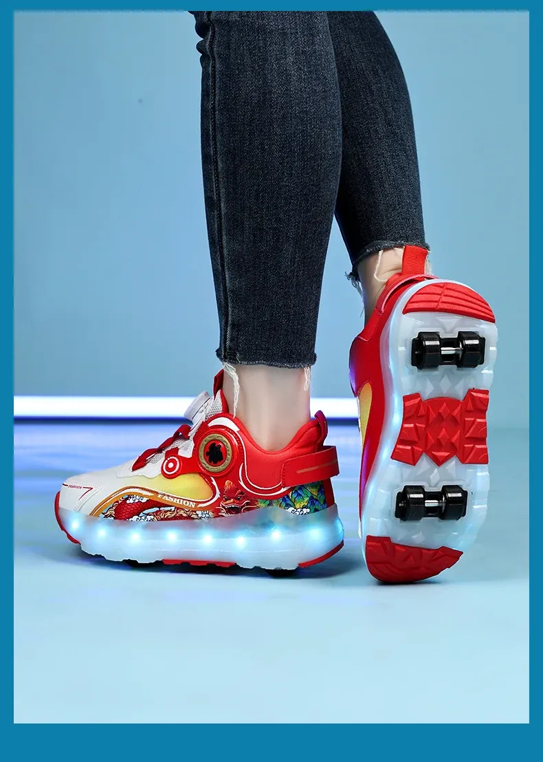 Children Four Wheels Luminous Glowing Sneakers Black Pink Led Light Roller Skate Shoes Kids Led Shoes Boys Girls USB Charging