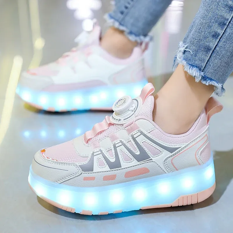 Children Four Wheels Luminous Glowing Sneakers Black Pink Led Light Roller Skate Shoes Kids Led Shoes Boys Girls USB Charging - Image 6