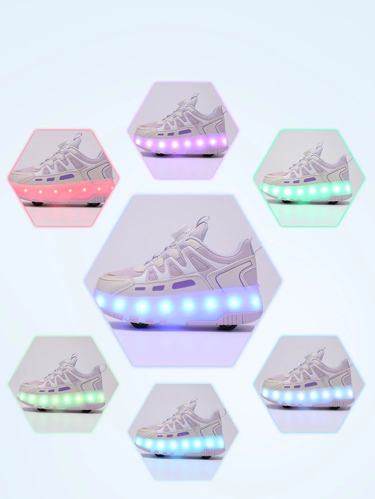 Children Four Wheels Luminous Glowing Sneakers Black Pink Led Light Roller Skate Shoes Kids Led Shoes Boys Girls USB Charging