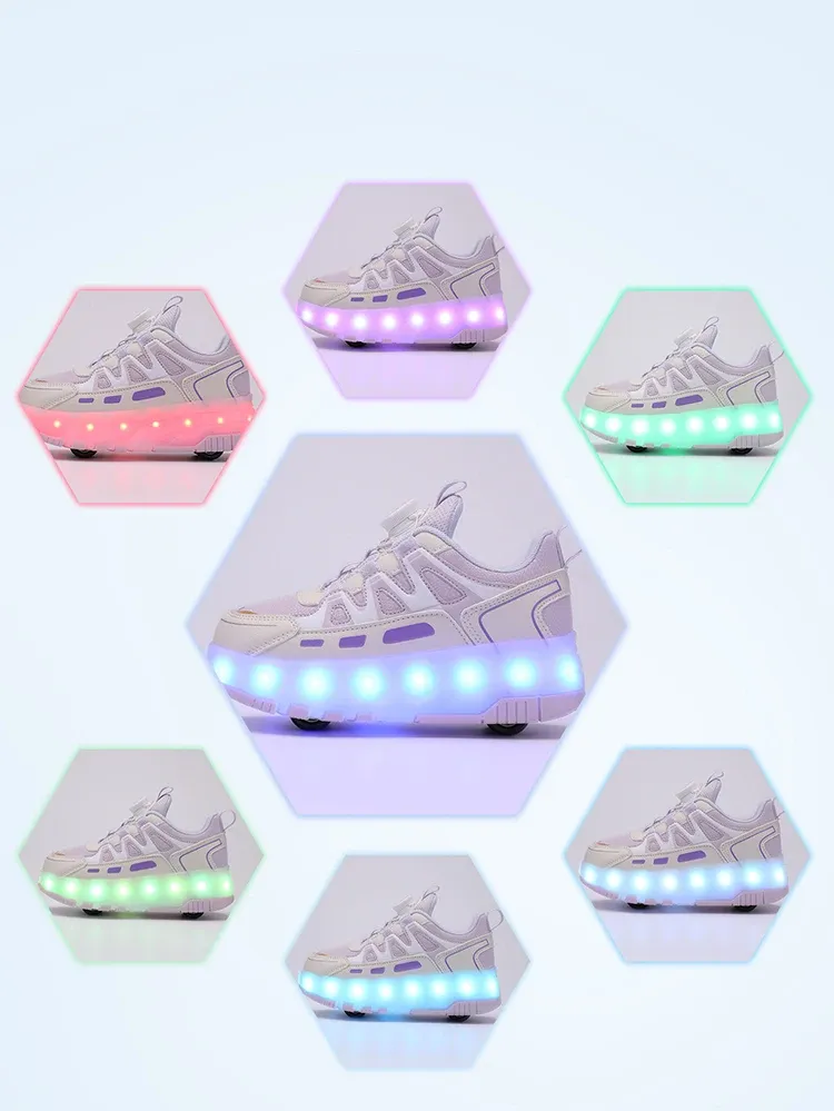 Children Four Wheels Luminous Glowing Sneakers Black Pink Led Light Roller Skate Shoes Kids Led Shoes Boys Girls USB Charging