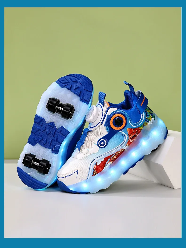 Children Four Wheels Luminous Glowing Sneakers Black Pink Led Light Roller Skate Shoes Kids Led Shoes Boys Girls USB Charging