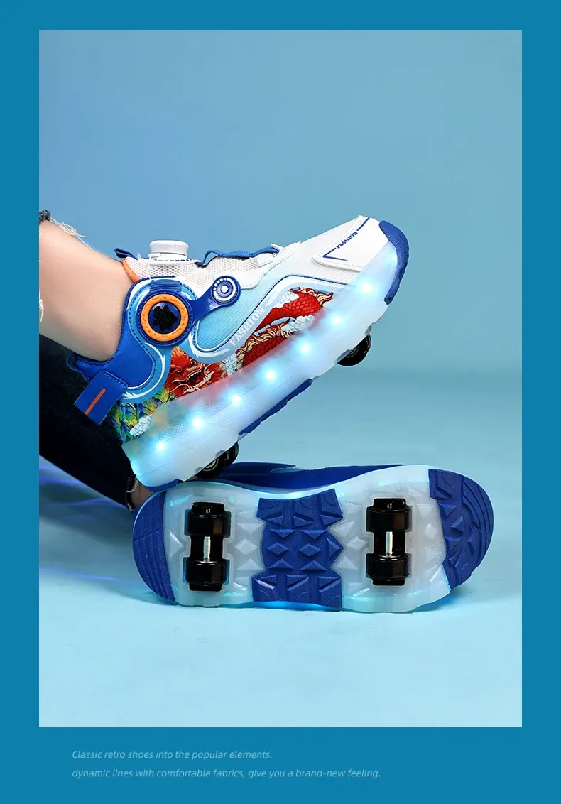Children Four Wheels Luminous Glowing Sneakers Black Pink Led Light Roller Skate Shoes Kids Led Shoes Boys Girls USB Charging