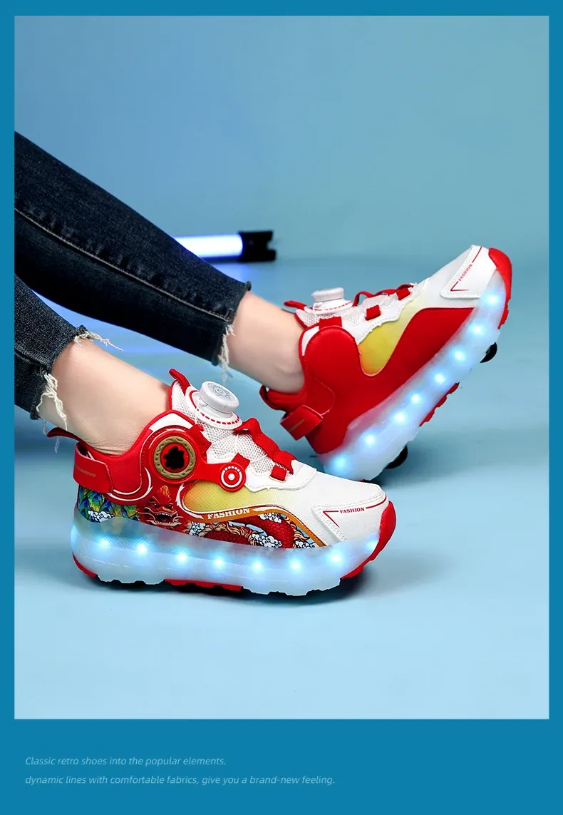 Children Four Wheels Luminous Glowing Sneakers Black Pink Led Light Roller Skate Shoes Kids Led Shoes Boys Girls USB Charging