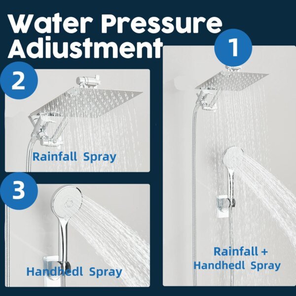 Shower Head Combo 8-12Inch High Pressure Rain Shower Head with Adjustable Extension Arm With 3-way Handheld Shower Spray - Image 3