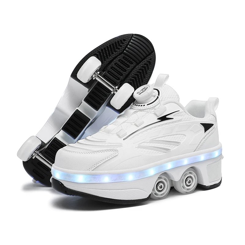 Double-Row Four-Wheel Roller Skating Shoes LED Flash Dual-Use Roller Shoes Men Women Casual Sneakers Sport Walking dog Shoes