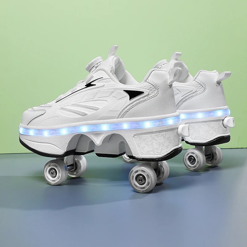 Double-Row Four-Wheel Roller Skating Shoes LED Flash Dual-Use Roller Shoes Men Women Casual Sneakers Sport Walking dog Shoes